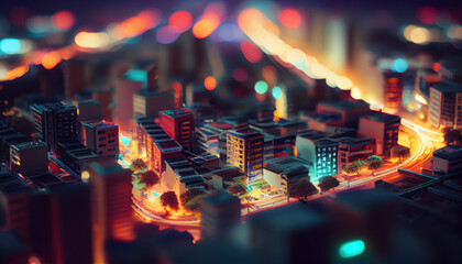 town block model at night. texture of glowing windows on a city layout in the dark. AI generated