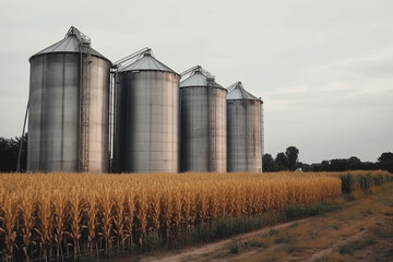 Fototapeta na wymiar a set of silos for processing agricultural products next to a field.ai generative