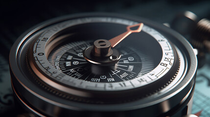 Close-up view of a compass dial. ai generative