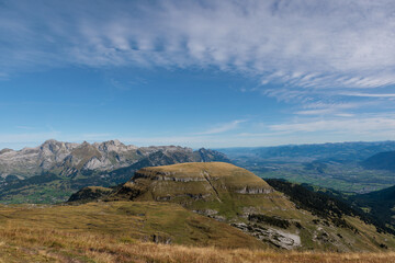Fototapeta na wymiar The view with blue sky and Swiss mountains from Chäserrugg