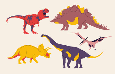 Set with cartoon dinosaurs isolated on sandy background. Vector illustration for printing on wrapping paper, fabric, postcard, clothing.
