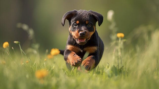 energetic rottweiler puppy running through a green field during a warm spring day. ai generative