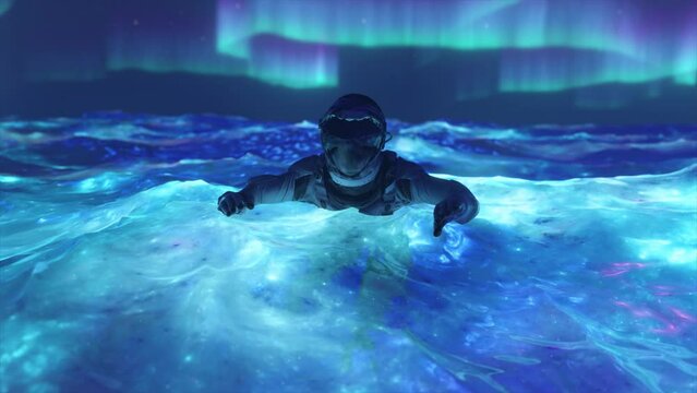 Space abstract concept. The astronaut swims in the blue space water. Neon color. Aurora Borealis. 3d animation 