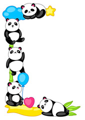 Background with cute kawaii little pandas. Funny characters and decorations in cartoon style.