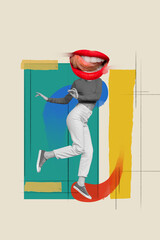 Composite art banner collage of young head red lips girl lick tongue teeth dancing enjoy shopping...