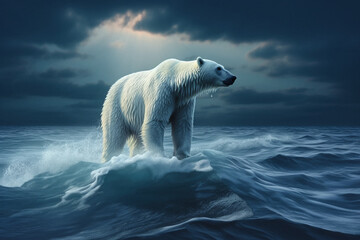 Naklejka na ściany i meble Polar bear standing on melting ice surrounded by the ocean - Created with Generative AI technology