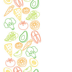 Seamless pattern with healthy eating and diet meal. Fruits, vegetables and proteins for proper nutrition.