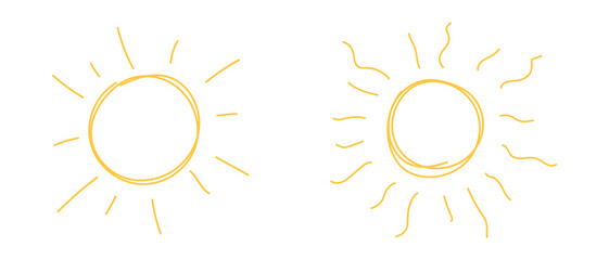 Doodle sun set. Funny yellow sun icons collection. Vector isolated illustration