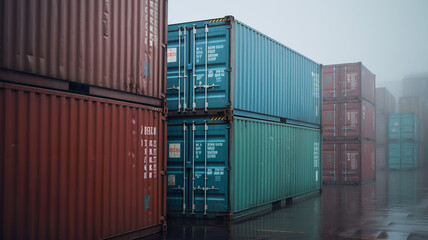 Fototapeta premium Freight cargo containers under the rain in the warehouse