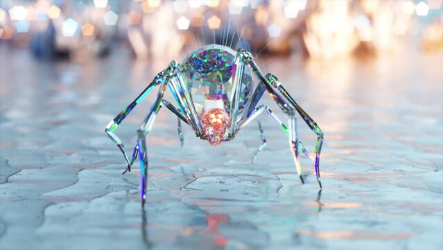Abstract concept. A large diamond spider walks on a glass mirror surface. Blue red light. 3d animation of seamless loop