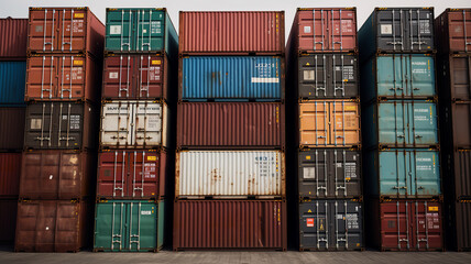 Fototapeta premium stacked freight shipping containers, cargo port, cargo terminal, shipping terminal - Generative AI