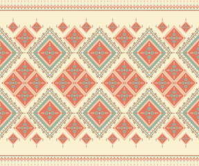 Ethnic folk geometric seamless pattern in orange and green tone in vector illustration design for fabric, mat, carpet, scarf, wrapping paper, tile and more