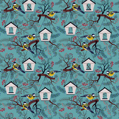 seamless pattern bright autumn berries and birds