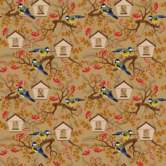 seamless pattern bright autumn berries and birds