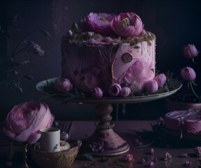Richly Decorated Cake with Fresh Flowers in Cold and Lavender Tones. Generative AI