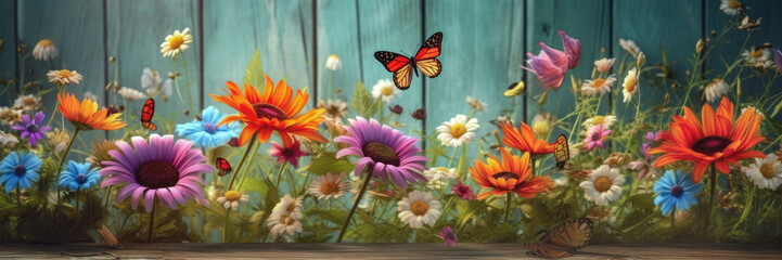 Background of spring blooming flowers laid out on a wooden background. Colorful spring flowers frames blank postcard with space to insert text or copy space. Generative AI.