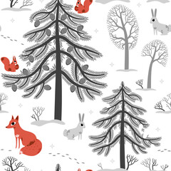 seamless pattern animals in winter forest