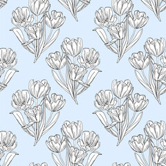 Line art tulips flower, spring background. Seamless pattern for textile