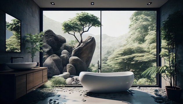 Modern bathroom with bathtub and big windows. AI generated