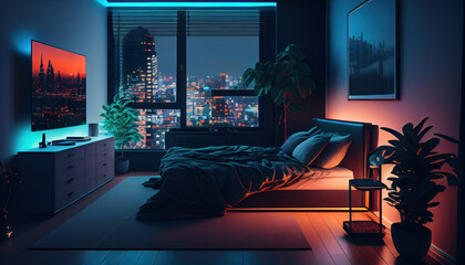 Living room interior with panoramic window at night time, dark apartment neon city view, AI generated
