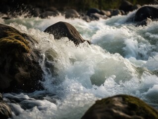A close-up of a rushing river or waterfall, capturing the motion and power of the water