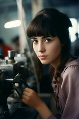 Generative AI illustration of A young woman works with bangs at a garment factory among machine tools sewing clothes