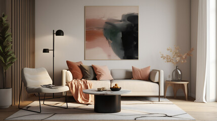 Fototapeta na wymiar Stylish Living Room Interior with Mockup Frame Poster, Modern interior design, 3D render, 3D illustration 