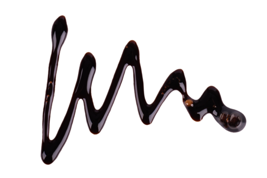 Chocolate syrup drizzle isolated on white background. Splashes of sweet chocolate sauce. Top view.