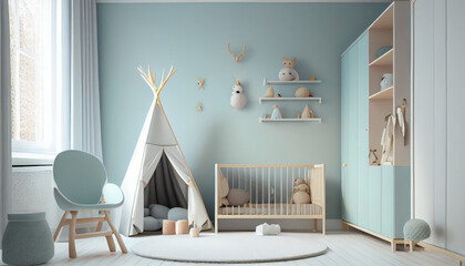 Modern minimalist nursery room in scandinavian style. AI generated
