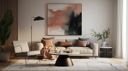 Stylish Living Room Interior with Mockup Frame Poster, Modern interior design, 3D render, 3D illustration	
