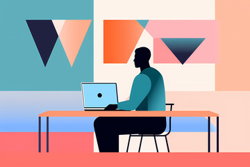 minimalist depiction of a person using a laptop in an office with a geometric background.