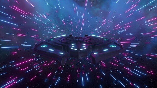 Science fiction concept. The spaceship flies through the neon blue lines. Futuristic illuminated corridor. Technology