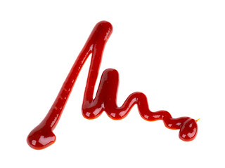 Red ketchup splashes isolated on white background. Drizzle of Barbecue sauce. Top view.