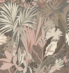 Seamless pattern. Tropical leaves in beige colours - 592386914