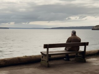 Naklejka na ściany i meble A person sitting alone on a bench, looking out at the sea