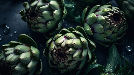 Fototapeta premium Fresh healthy & organic green artichoke with drops of water. From above. Close up. Macro. Greens. Food magazine. Food Design. Close up of green artichoke. Vegetable. Generative AI.