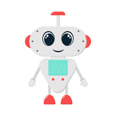 Sticker illustration with modern concept of chatbot. Robot in flat style with artificial intelligence. The character is cute with big eyes and rounded shapes.