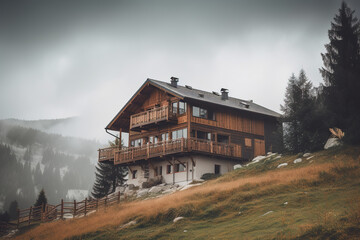 Chalet in alps with mountains in background