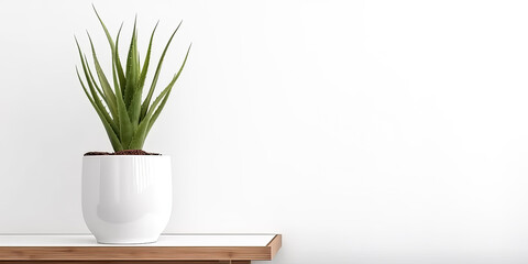 An Aloe vera plant in a modern pot was placed against a white wall - generative ai.