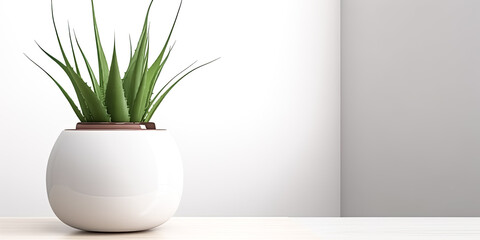 Aloe vera plant in modern pot was featured in design, against a white wall - generative ai.