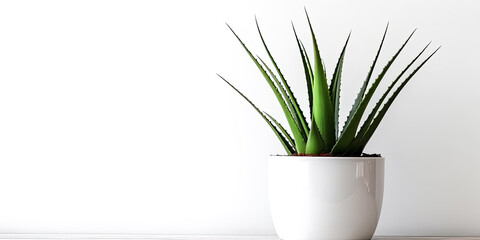 The aloe vera plant is featured in a modern design pot and white wall background - generative ai.