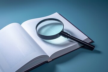 Magnifying glass and book illustration, research concept, blue background. Generative AI