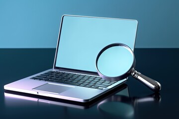 Magnifying glass and laptop illustration, research and technology concept, blue background. Generative AI