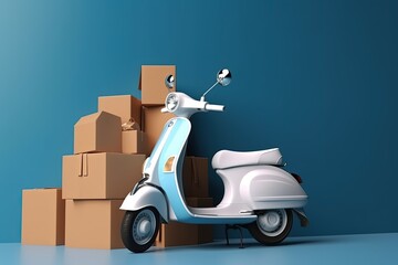 Scooter and cardboard boxes illustration, delivery concept, blue background. Generative AI