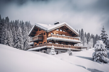 Fototapeta premium Chalet in alps with mountains in background and snow