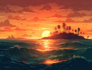 Fototapeta na wymiar Beautiful Tropical Ocean Sunset, Background, Graphic Resource. Generative AI