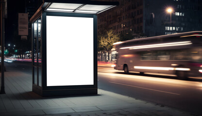 Modern Outdoor Advertising blank billboard on bus stop, Blank Street poster board in city, Blank bus stand billboard, generative ai