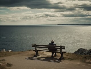 Fototapeta na wymiar A person sitting alone on a bench, looking out at the sea