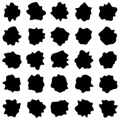 Set of 25 vector abstract art blob shapes with 25 points. Known as blotch shapes, liquid organic elements, pebble drops blob silhouettes and splashes. Use as pattern background.