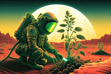 Astronaut and plant in the desert